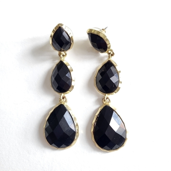 Amrita Singh East Hampton 18K Gold Plated Brass 3 Teardrop Black Earrings EUC - Picture 1 of 6